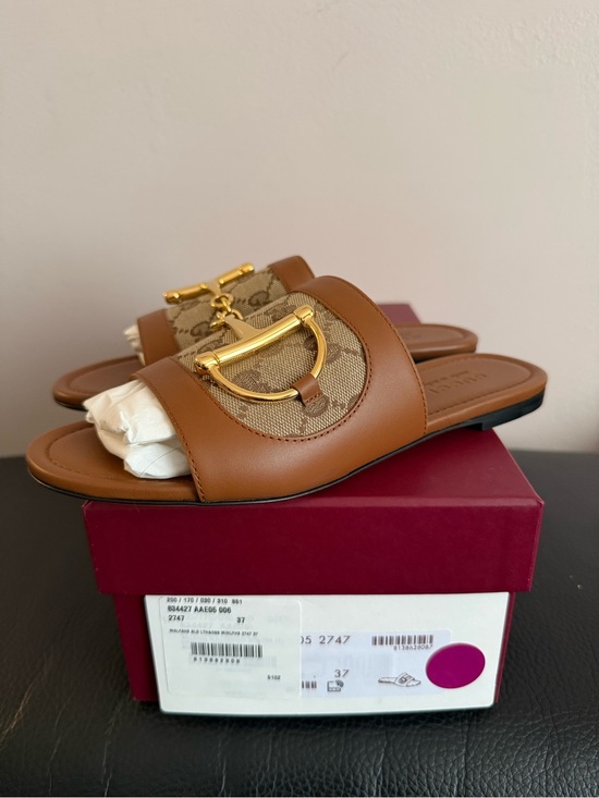Gucci Shoes - Gucci Alfa Gold Horsebit Brown GG Canvas Logo Leather Sandal - 37 EU / 7 US